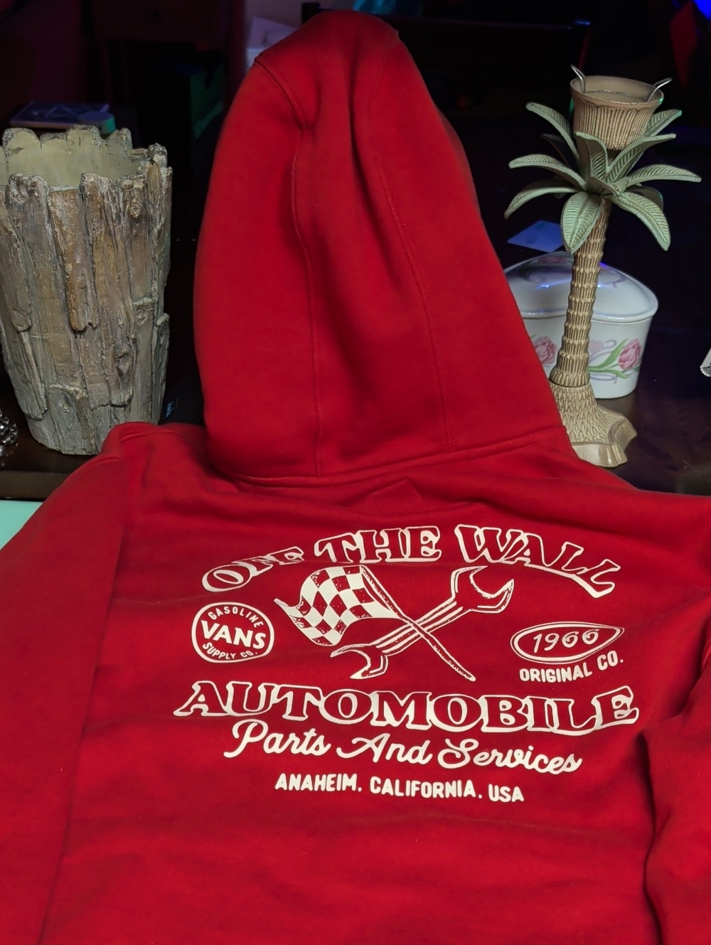 Vans Red Hooded Sweatshirt with White Automotive Graphic